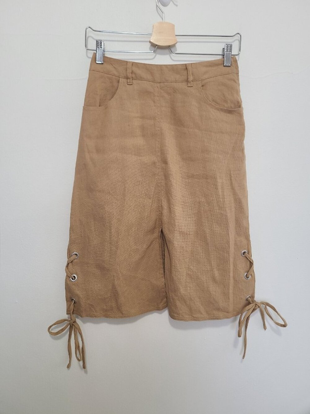 See By Chloe Linen Cotton Blend Tan Camel Midi Skirt Size 34 US XS Lace Up